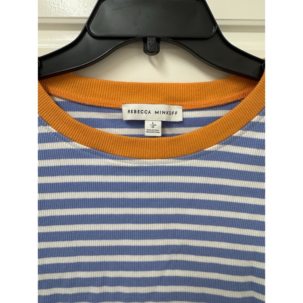 Rebecca Minkoff Womens Rib Knit Puff Sleeve Striped Top Blue Orange Large